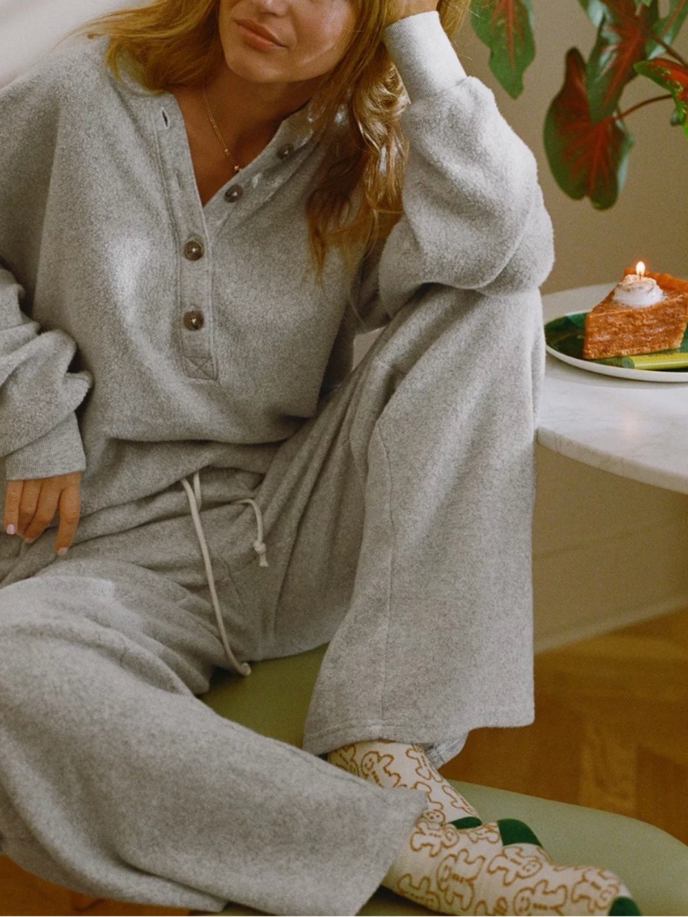 aerie Sherpa Henley Heather Gray Button Sweatshirt